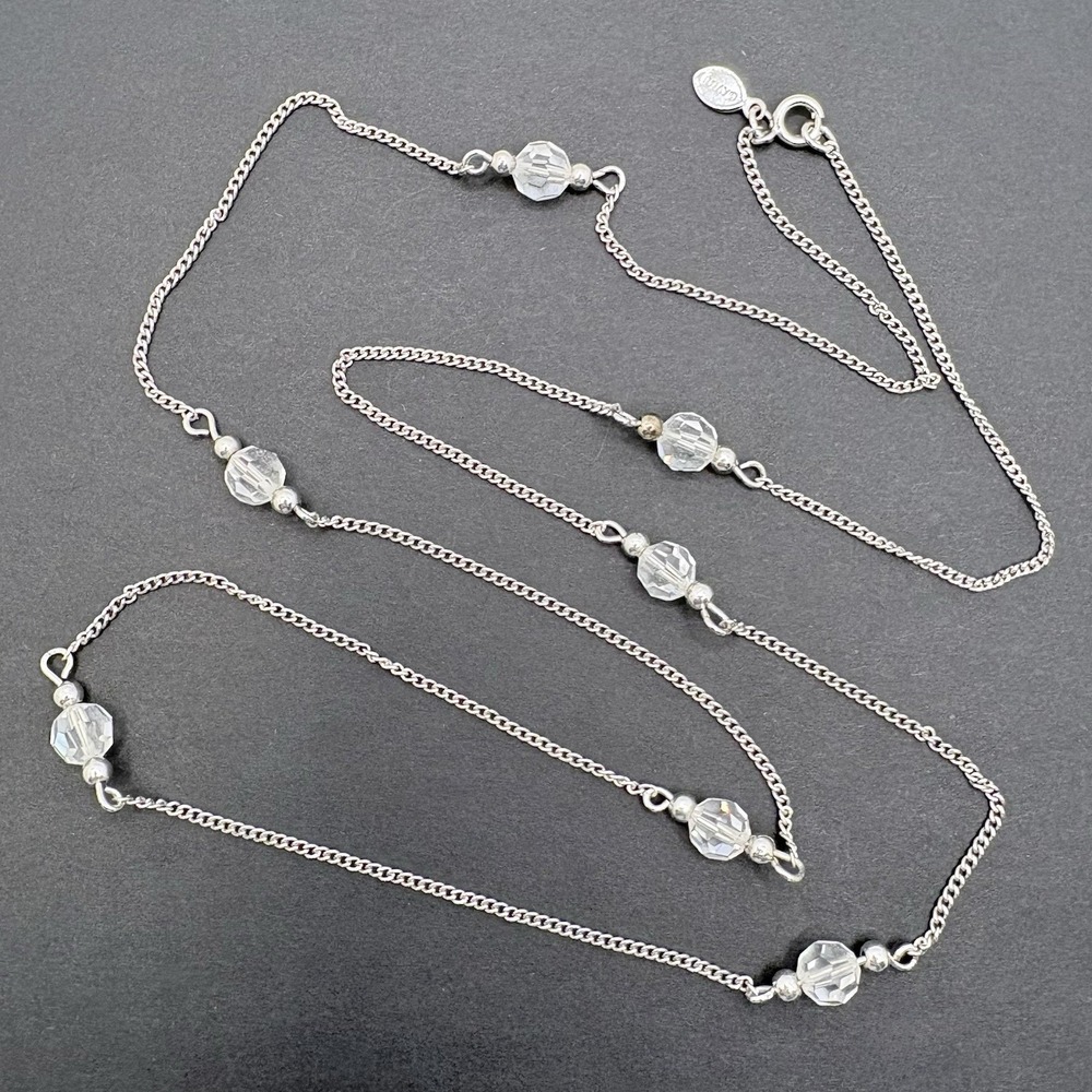 Vintage Avon Dainty Crystal Beaded Silver Tone Links Station Necklace 30" 1977